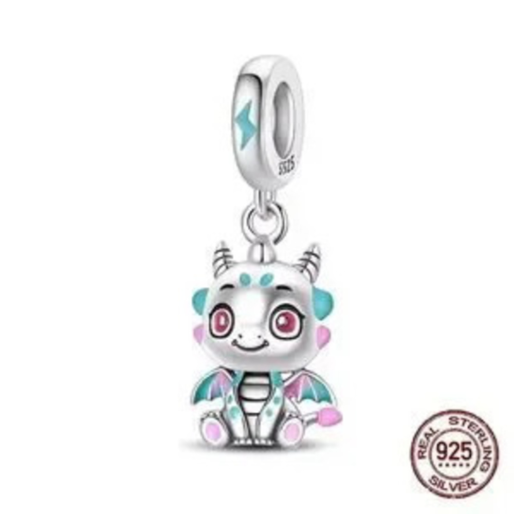 925 Sterling Silver Dragon Charm Bracelet Pendant Enameled Colors Detail Kawaii